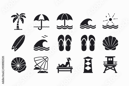 Comprehensive Black and White Beach and Summer Icon Set