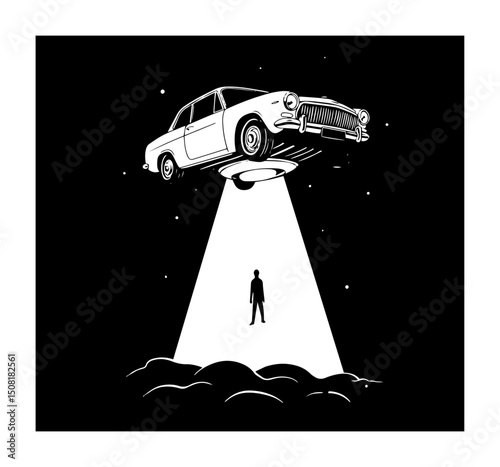 ufo abducting car with person beam vector illustration