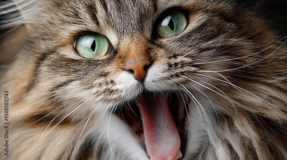 Close up portrait of yawning cat with green eyes cute pet animal domestic feline looking at camera face view Close up portrait of yawning cat with green eyes cute pet animal domestic feline looking at camera face view