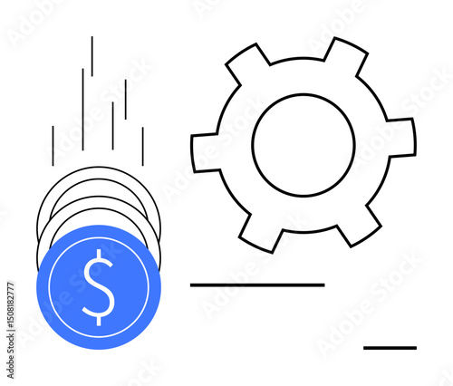 Blue coin with dollar symbol dropping near a gear symbolizing financial flow, productivity, system optimization, and economic operations. Ideal for finance app, workflow, fintech, economy, industry