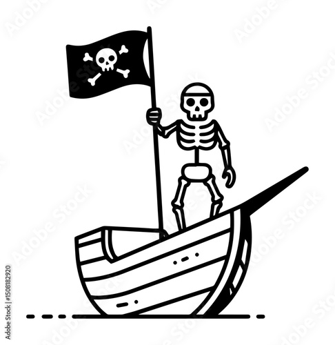 skeleton pirate holding jolly roger on boat vector