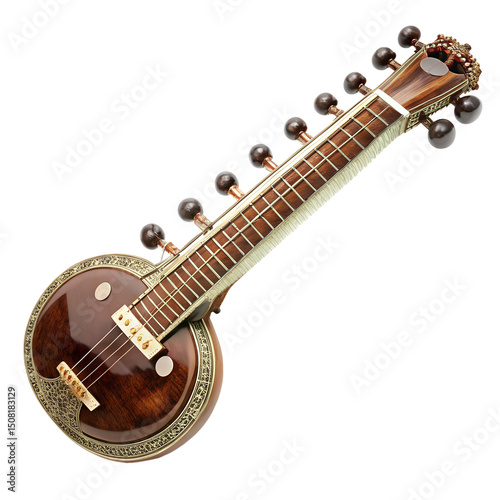 Traditional indian sitar with gourd resonator and intricate carvings