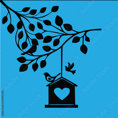 A charming silhouette illustration of a birdhouse adorned with leaves and a small bird perched nearby. The design features a heart shape on the birdhouse, symbolizing love and nature's beauty.