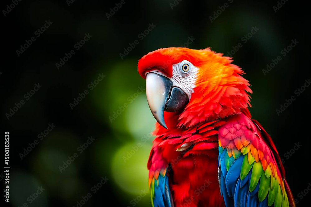 Naklejka premium Stunning Scarlet Macaw Perched on a Tree Branch, Showcasing Its Vibrant Red, Yellow, and Blue Plumage in a Tropical Paradise, Vibrant Wallpaper