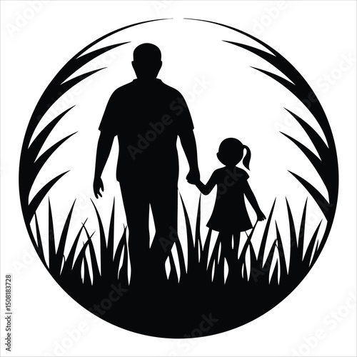 a black silhouette of a father and two children walking together. The father is in the center of the image, holding hands with one child on either side of him See Less