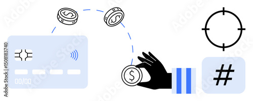 Payment card transferring money symbolized by coins, hand handling currency, financial focus scope, metadata tag. Ideal for finance, banking, savings, digital wallet, marketing data simple landing