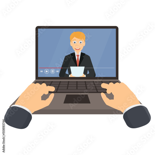 Hands on laptop watching video presentation, vector illustration.