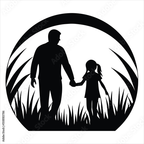 a black silhouette of a father and two children walking together. The father is in the center of the image, holding hands with one child on either side of him See Less
