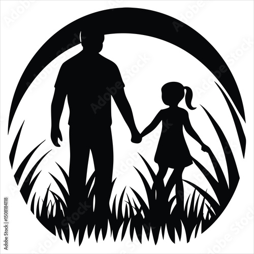 a black silhouette of a father and two children walking together. The father is in the center of the image, holding hands with one child on either side of him See Less