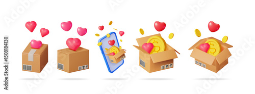 3d vector illustrations of boxes, hearts, coins, and a phone, symbolizing online dating, money transfer, and package delivery.