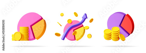 Set of three pie charts with golden coin stack and rising arrow. Business data visualization for financial planning, investment, income calculation.