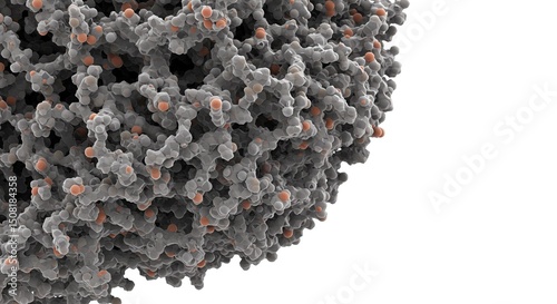 Close-up of a complex molecular structure, likely a protein, with numerous interconnected components and small, colored spheres