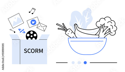 SCORM box releasing multimedia content thumbs up files, music, and videos beside a bowl of vegetables and fruits. Ideal for eLearning, nutrition, digital media, wellness, balance, creativity simple