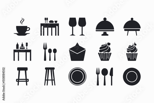 Simple Black and White Restaurant Icons Set