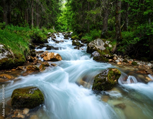 Fast-flowing stream through lush green forest, rocks and moss visible