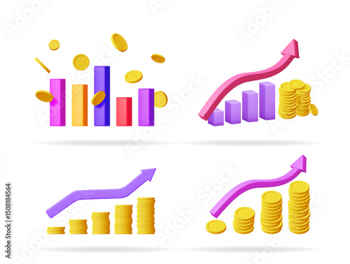 3d vector illustration set of financial graphs and coins showing market growth concept for business presentations.