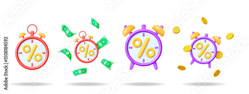 Discount and special offer concept with 3d alarm clock and flying money. Time sale promotion and limited deals.
