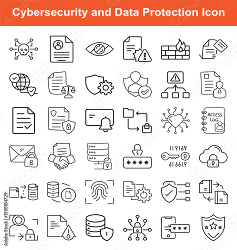 Cybersecurity & Data Protection Icons – Line Symbols for Privacy, Firewalls, Encryption, Access Control & Secure Technology