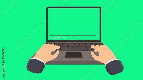 Hands on laptop watching video presentation. Animation template with alpha channel. Cartoon.