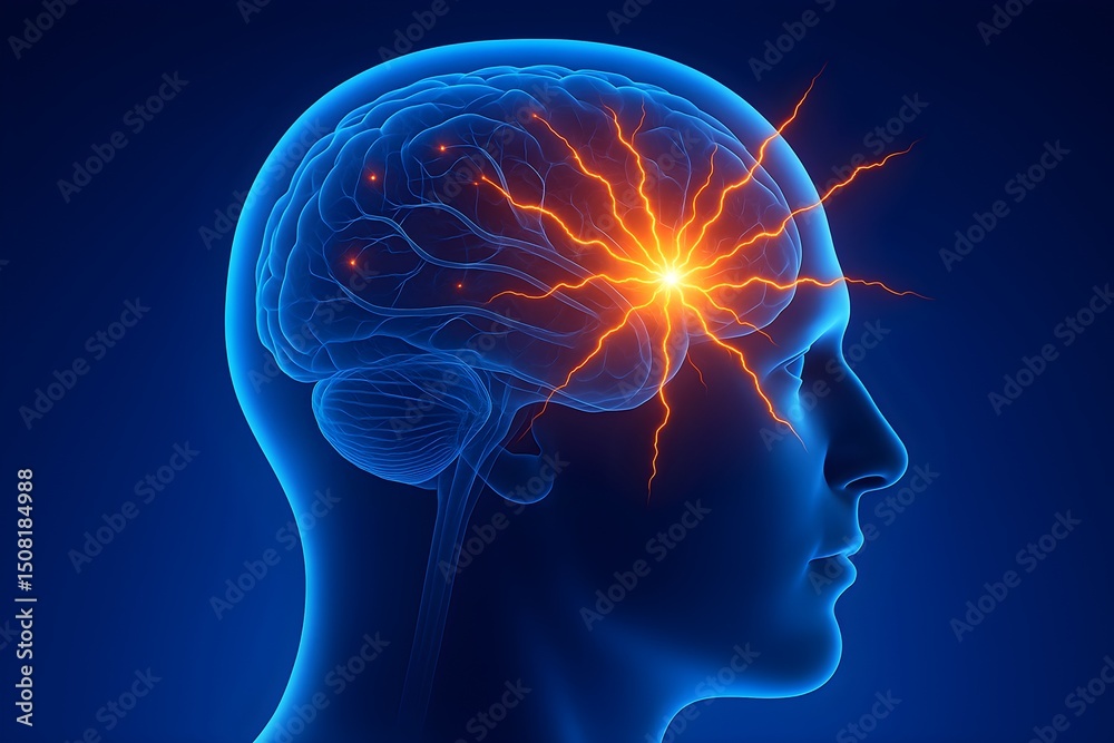 Obraz premium Human brain with highlighted neuron activity symbolizing epilepsy.