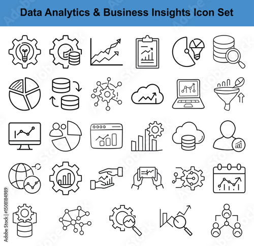 Data Analytics & Business Intelligence Line Icons – Statistics, Big Data, Market Insights, and Performance Tracking Set