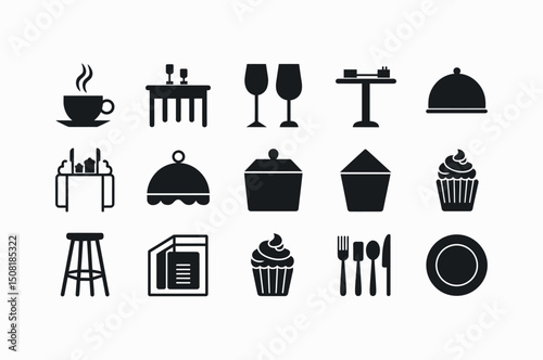 Simple Black and White Restaurant Icons Set