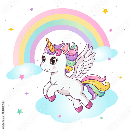 Cute unicorn on a rainbow background. A postcard; a banner. Vector illustration