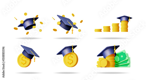 Graduation cap with money and coin stack, set of education funding and college scholarship 3d icons. Financial aid for learning concept.