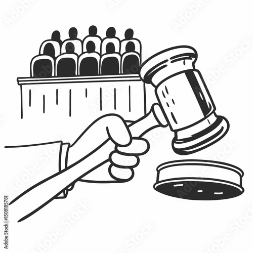 Cartoon vector illustration of a hand holding a gavel, symbolizing business power and legal authority