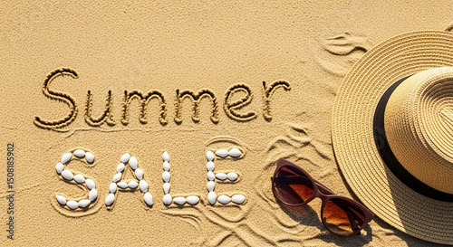 Wallpaper Mural Hat and sunglasses on sand with summer sale text Torontodigital.ca