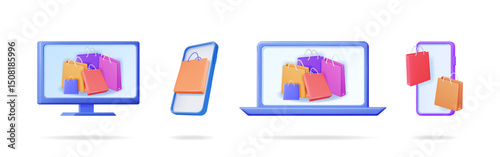 Online shopping application on electronic devices. Digital commerce concept with shopping bags. Ecommerce purchasing via computer, laptop and smartphone.