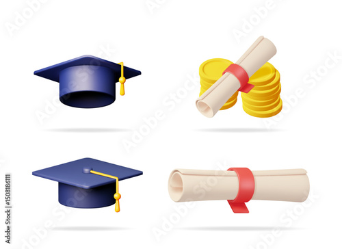 Set of 3d vector illustrations depicts graduation cap, diploma, and coin. Academic success and financial stability concept for educational content.