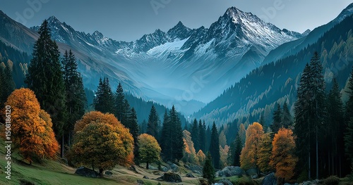 Panoramic Autumn Forest with Orange Trees and Misty Mountains, Snow-Capped Peaks in Background from Elevated View photo