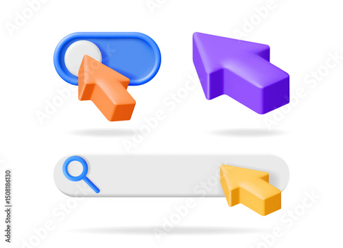 A 3d vector illustration set of a slider with a cursor, a standalone cursor, and a search bar with a cursor, digital interface elements for web design.