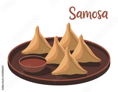 Traditional Indian Samosa Snack with Spicy Sauce on Dark Plate Transparent Background