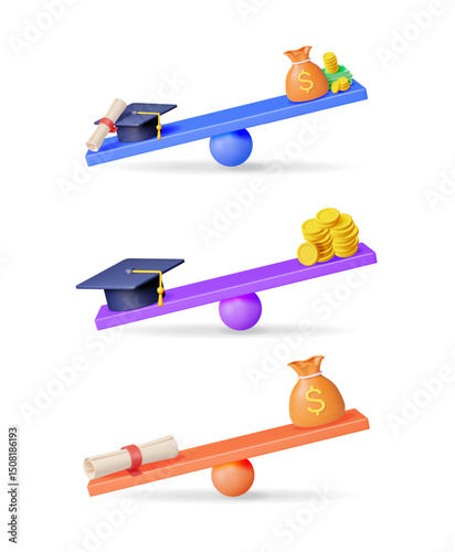 3d vector set showing balance between education and money. Graduation hat and diploma on scales with various money amounts.