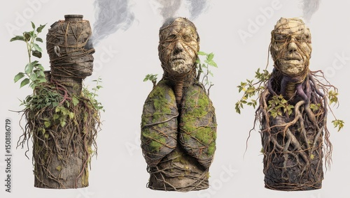 Three-part sculpture of a human torso, intricately adorned with  plants, roots, and moss, exuding a sense of organic growth and decay