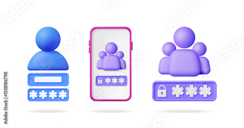 3d vector set of account login and password icons. Abstract user profile and group of users with secured password input field.