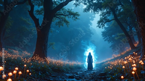 Enchanted Forest Scene with Glowing Figure and Bioluminescent Flowers Fantasy Landscape