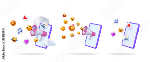 Mobile phone with megaphone broadcasting social media content through cloud service with emojis, image files, video and music icons.