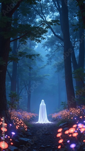 Enchanted Forest Scene with Glowing Figure and Bioluminescent Flowers Fantasy Landscape