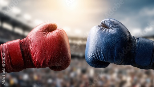 Red and blue boxing gloves meet in stadium photo