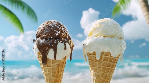 Two melting ice cream cones on a beach.