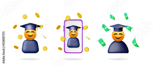 Happy graduate student avatar in 3d vector illustration set. Emoji wearing graduation cap with money and coin falling around him.