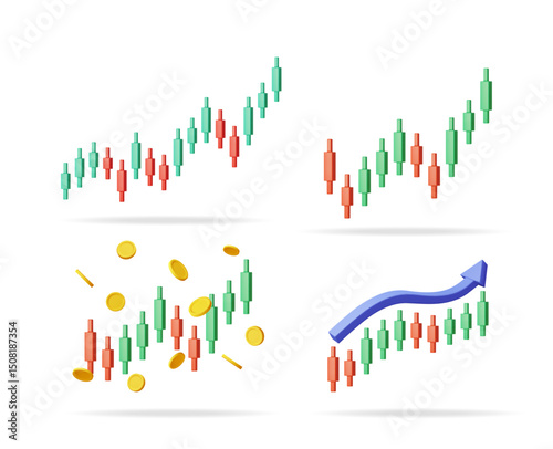 Set of 3d financial candle chart graphs with upward trending arrows and falling coins. Stock market analysis for investment and trading.