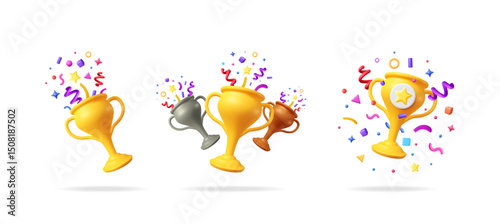 Set of 3D render gold trophy cup with confetti explosion. Champion award bowl for winner celebration. Success and achievement concept illustration.