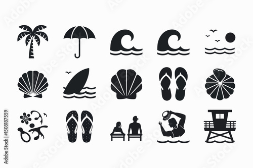 Simple Black and White Beach Icons Set