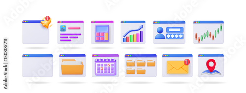 Set of 3d vector interface icons for web pages. Cartoon style illustration for business applications and digital services.