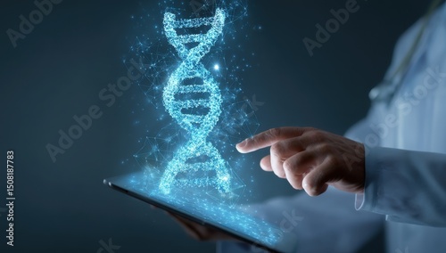 Doctor interacts with DNA graphic on tablet photo