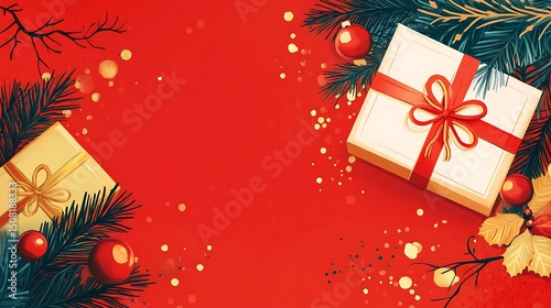 Festive christmas gift boxes on a red background.